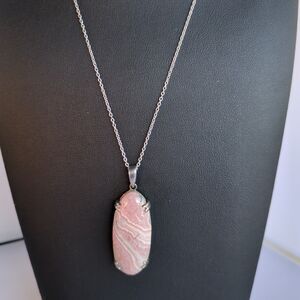 925 Sterling Silver Natural Gemstone Rhodochrosite Pendant Necklace with Pouch